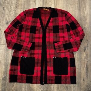 Belldini Sweater Women's Large Red Black Plaid Long Sleeve Open Front Cardigan